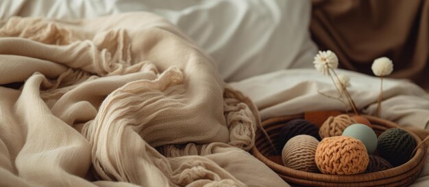 Foto bola de hilo y una manta de lana en la cubierta de la cama