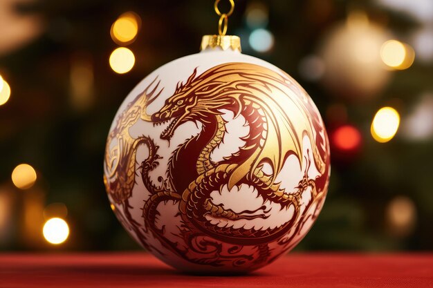Bola de juguete de árbol de Navidad festiva con dibujo de dragón dorado de cerca en un fondo