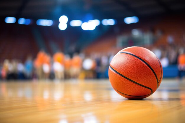 Bola laranja em quadra de basquete com estádio como fundo Campeonato de jogo de basquete