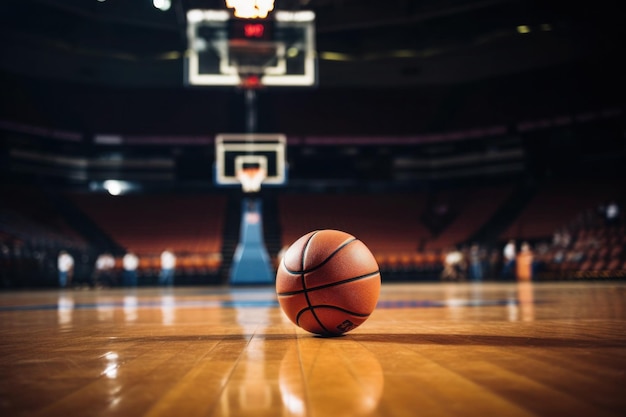 Bola laranja em quadra de basquete com estádio como fundo Campeonato de jogo de basquete