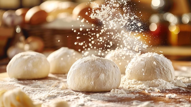 Bola de masa fresca salpicada de harina sobre una superficie de madera en la cálida cocina de la panadería