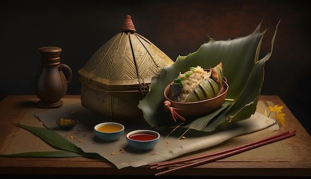 Bola de masa hervida de arroz Zongzi para el festival tradicional chino Dragon Boat Festival Duanwu AI Generated