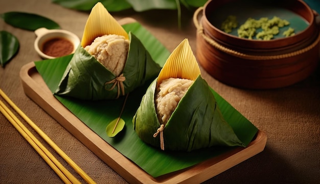 Bola de masa hervida de arroz Zongzi para el festival tradicional chino Dragon Boat Festival Duanwu AI Generated