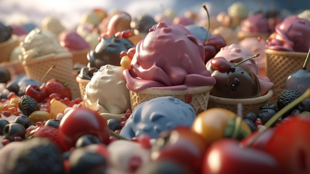 Bola multicolor de helado en cono de galleta Postre de comida dulce