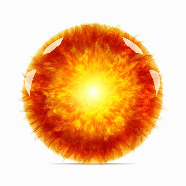Una bola naranja brillante con una gota de fuego sobre un fondo blanco.