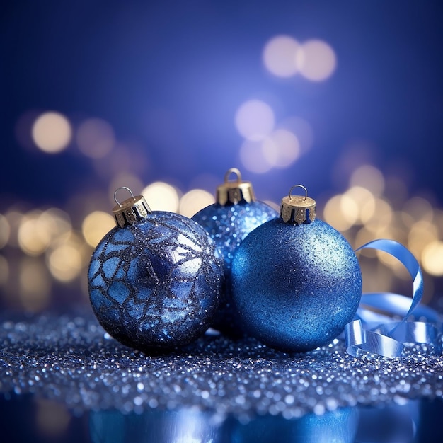 Una bola de navidad azul con una cinta y una cinta que dice navidad en ella