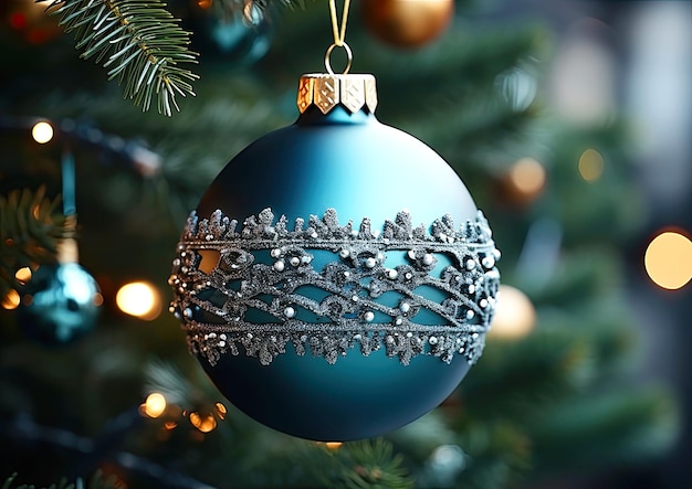 Bola de Navidad azul una rama de abeto cerrar la tarjeta de Navidad festiva
