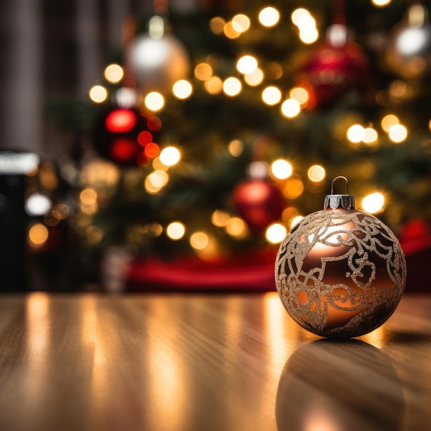 Bola de Navidad contra el fondo borroso del árbol de Navidad