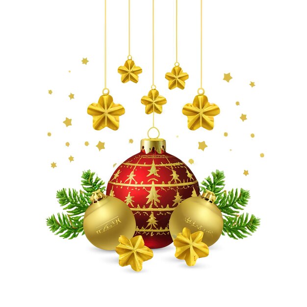 Foto bola de navidad y estrellas doradas en el festival de navidad sobre un fondo blanco