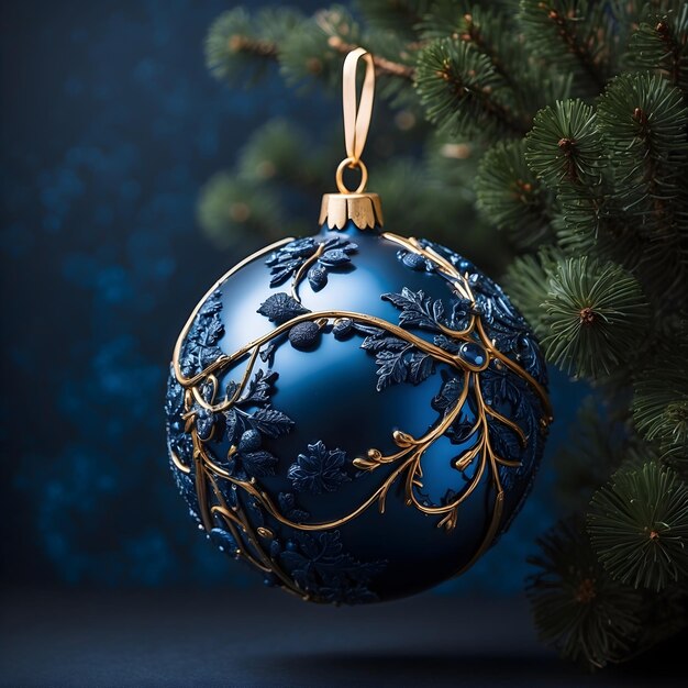 Bola de Navidad de lujo azul oscuro en la rama de un árbol