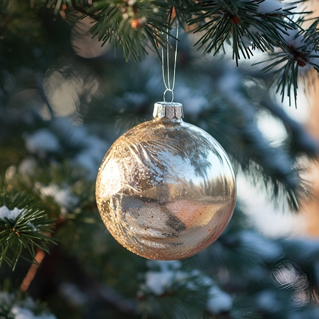 Foto bola de navidad en un primer plano de rama de árbol de navidad