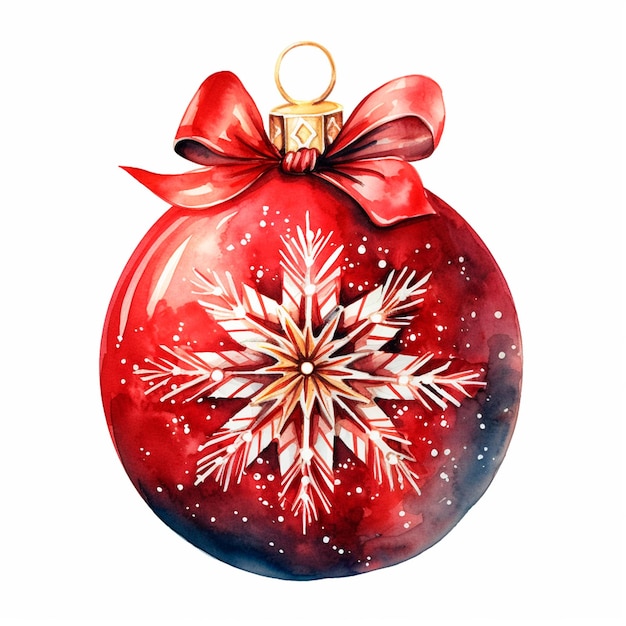 Foto bola de navidad roja con acuarela de copo de nieve ai generó una ilustración aislada