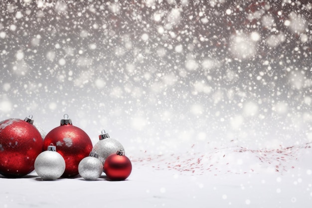 bola de Navidad roja y blanca en fondo de copos de nieve