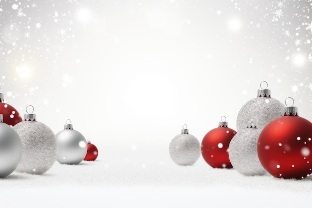 bola de Navidad roja y blanca en fondo de copos de nieve