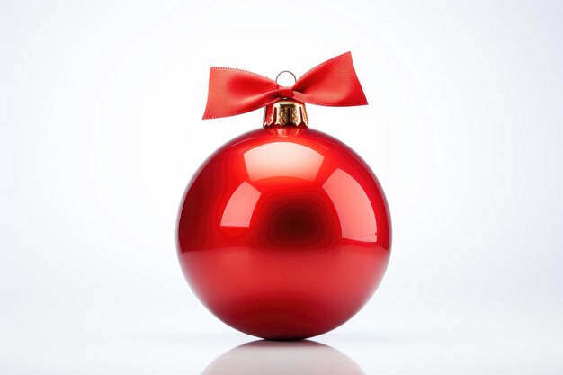 Bola de Navidad roja con cinta roja aislado sobre fondo blanco.