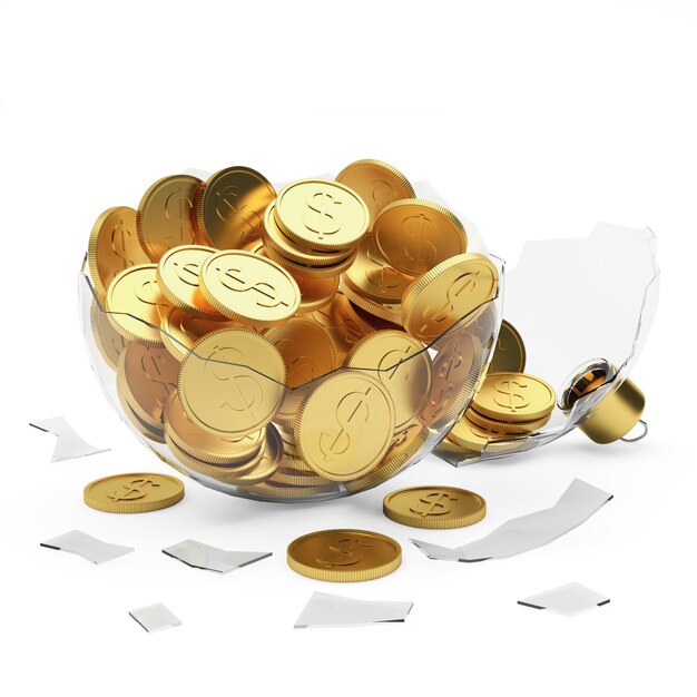 Bola de Navidad rota transparente llena de monedas de oro