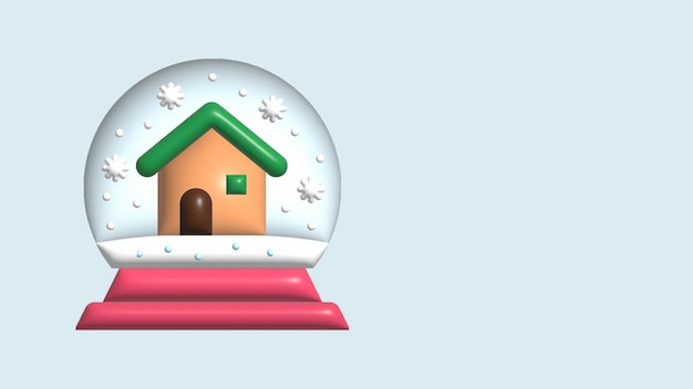 Bola de nieve de bola de cristal con abeto de árbol de Navidad cubierto de nieve dentro de una casa revestida de nieve realista