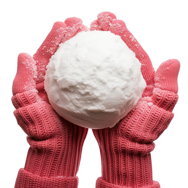 Bola de nieve en las manos en primer plano aislada en un fondo blanco o transparente manos con guantes rosados cálidos