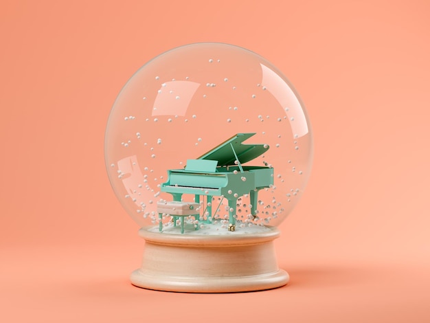 Bola de nieve con piano en una ilustración 3D de fondo rosa