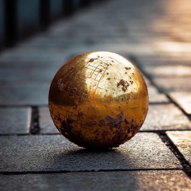 Una bola de oro en el suelo con el sol brillando sobre ella.