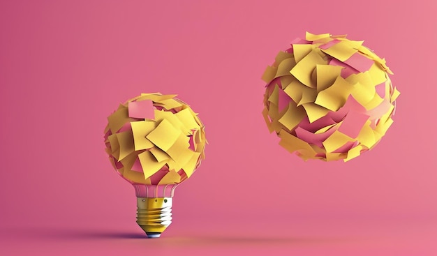 Bola de papel de desecho amarilla con chispa creativa con pintura de ilustración de bombilla virtual inspiradora