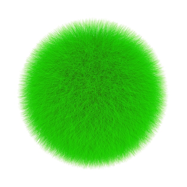 Bola de pelo de piel verde sobre un fondo blanco. Representación 3D