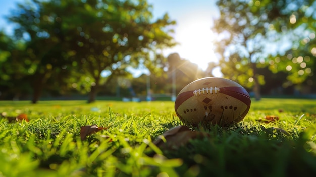 Bola pequeña en el campo de rugby de hierba con sombra en el día de verano a la luz del sol