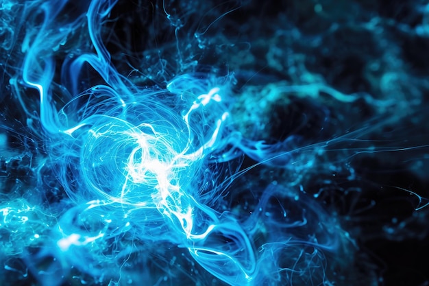 Bola de plasma azul eléctrico en el espacio abstracto Energía brillante y explosión de relámpagos