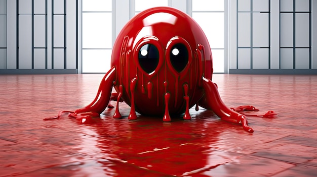 Una bola roja con una cara roja está rodeada de sangre.