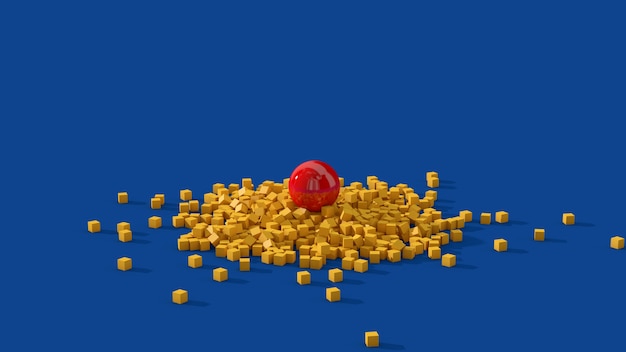 Bola roja y cubos amarillos. Ilustración abstracta, render 3d.