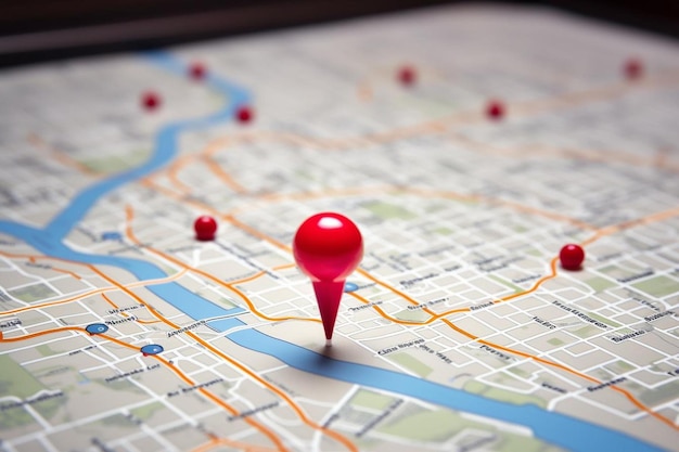 una bola roja está en un mapa de una ciudad