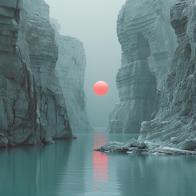 una bola roja flotando en el agua cerca de un acantilado