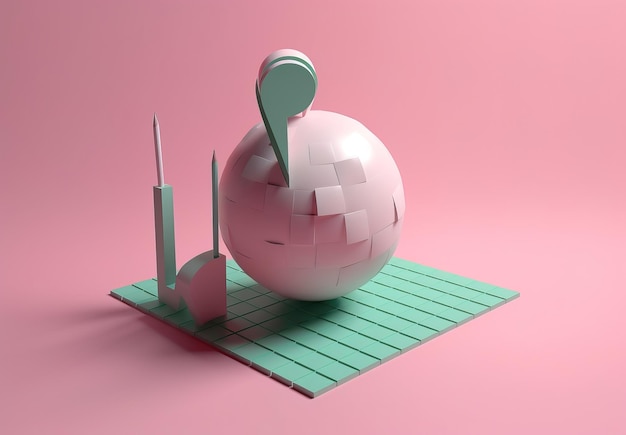 Una bola rosa con una base verde y un pequeño objeto blanco sobre ella.