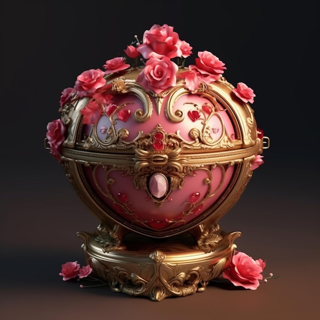 Una bola rosa con rosas y una base dorada.