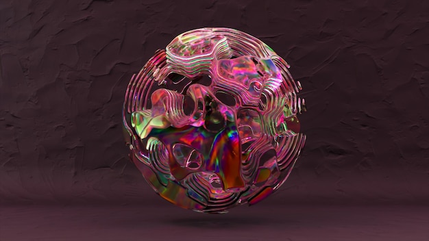 Bola de sustancia líquida de arco iris en un fondo rosa púrpura abstracto La superficie de la bola se mueve y cambia de color
