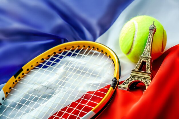 Bola de tenis amarilla recuerdo de la Torre Eiffel y raqueta de tenis en el fondo de la bandera francesa