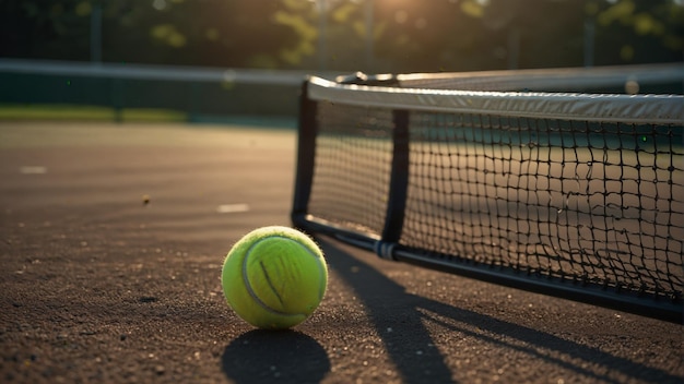 Foto bola de tenis en la cancha por la mañana