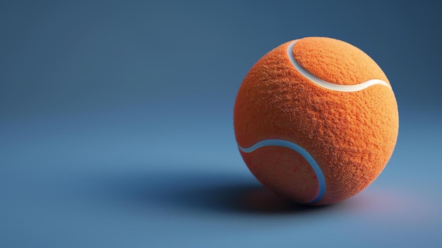 Bola de tenis naranja sobre un fondo azul La pelota está ligeramente elevada por encima de la superficie