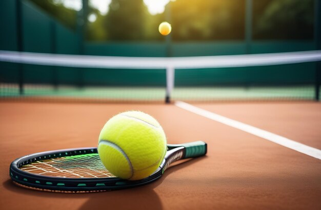 Bola de tenis y raqueta en una cancha dura bajo la luz del sol