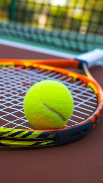 Bola de tenis y raqueta en una cancha