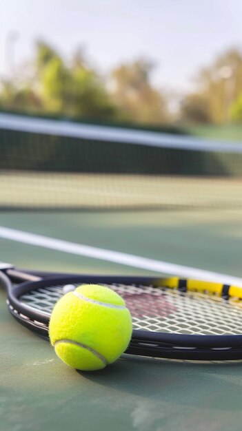 Bola de tenis y raqueta en una cancha