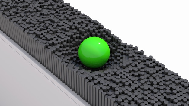 Bola verde brilhante rolando. metamorfose do cilindro cinza. ilustração abstrata, renderização 3d.