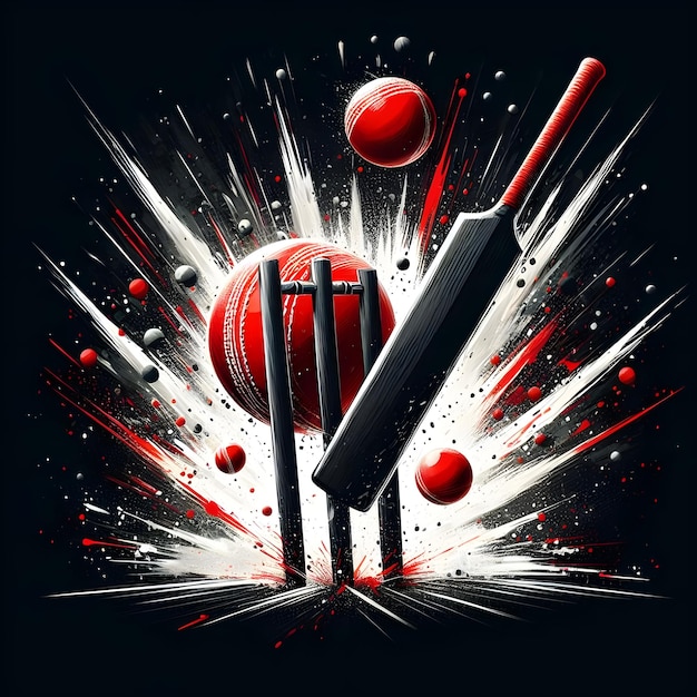 bola vermelha batendo o wicket troncos com taco em preto abstrato salpico fundo para febre de críquete