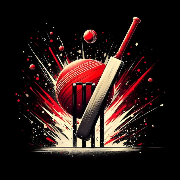 bola vermelha batendo o wicket troncos com taco em preto abstrato salpico fundo para febre de críquete