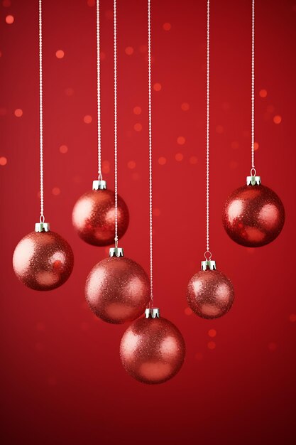 Bola vermelha colorida de Natal com um fundo avermelhado pendurado do topo