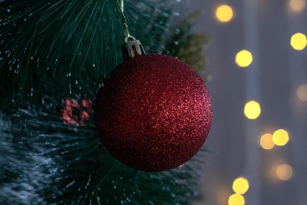 Bola vermelha de natal brilhante pendurada em galhos de abeto com fundo festivo