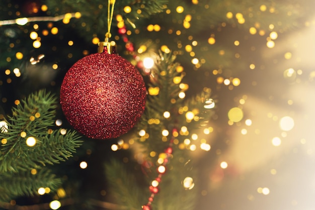 Bola vermelha de Natal no galho de árvore de Natal com luzes desfocadas borradas. Conceito de Natal.