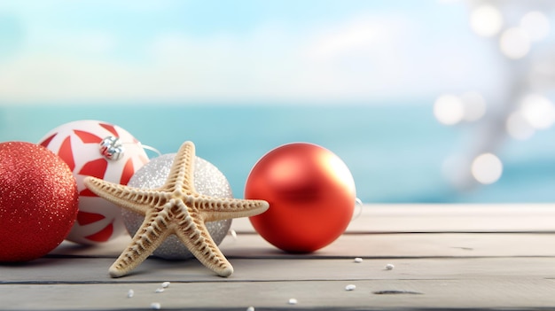 Bola vermelha e branca de natal com estrela do mar na mesa de madeira na praia