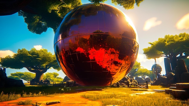 Bola vermelha gigante sentada no meio do campo ao lado da floresta IA geradora