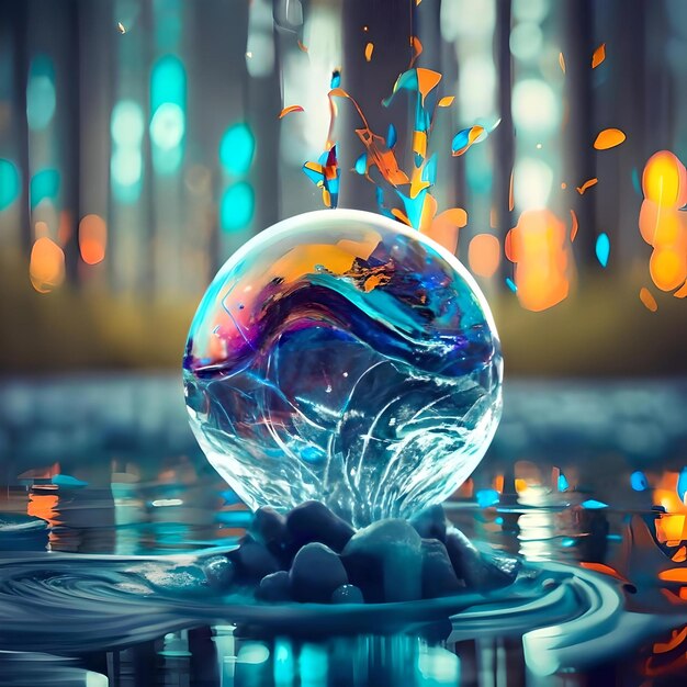 Una bola de vidrio con agua salpicando a su alrededor